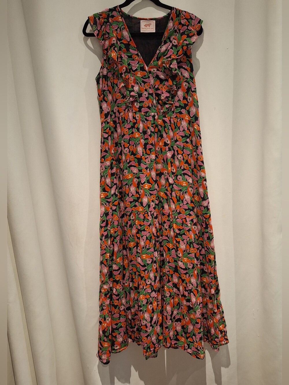 Banjanan Orion Mini BloomBlack Maxi Dress with Orange, Pink & Green Floral Print